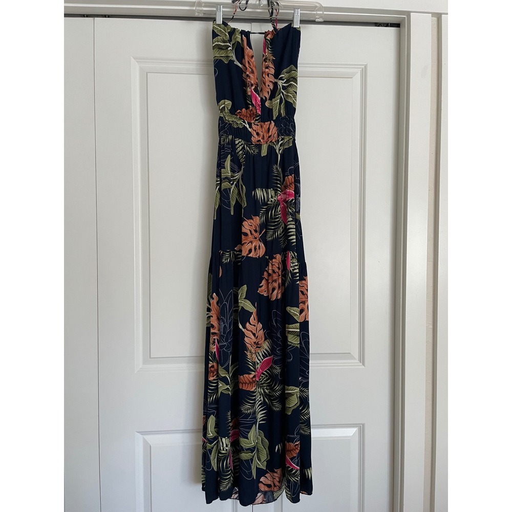 NWT HJKK Tropical Maxi Dress Navy Floral Halter Open Back Boho Beach Small